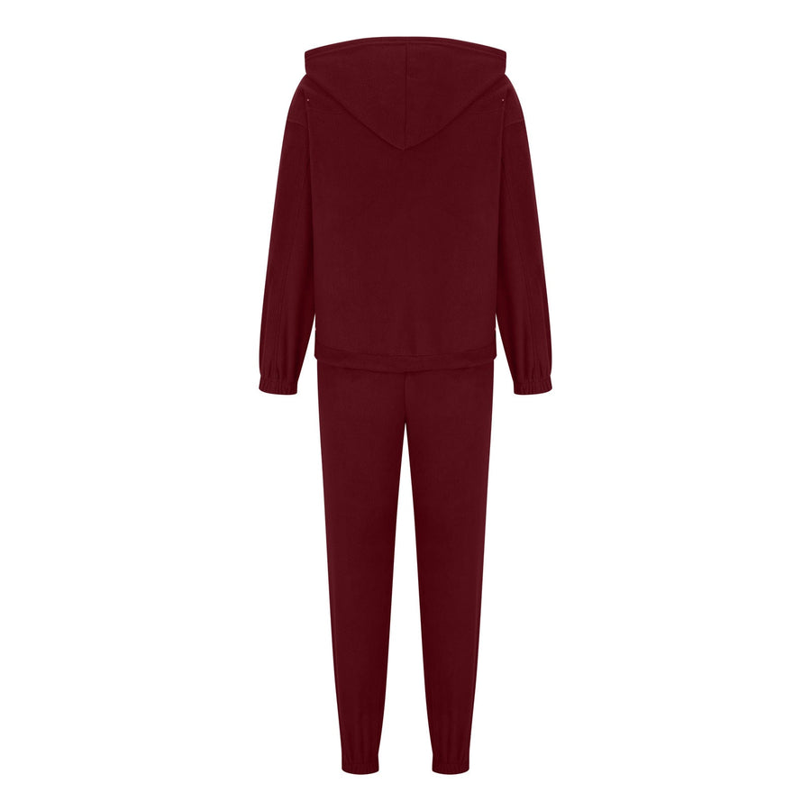 Burgundy fleece hoodie and jogger set with ribbed cuffs and hem