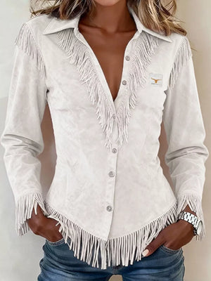 Light Blue Full Size Fringed Collared Neck Shirt Plus Size