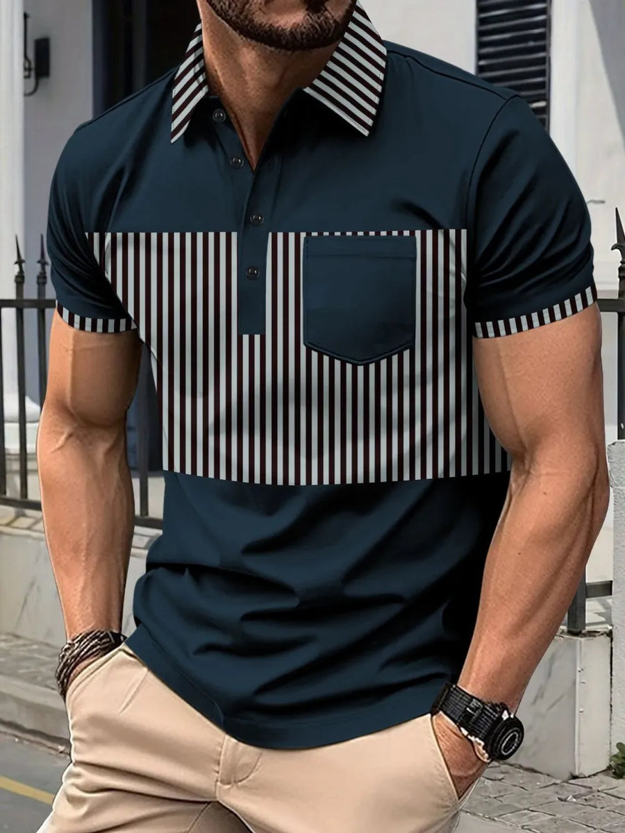 Navy polo shirt with vertical stripe panel and chest pocket.