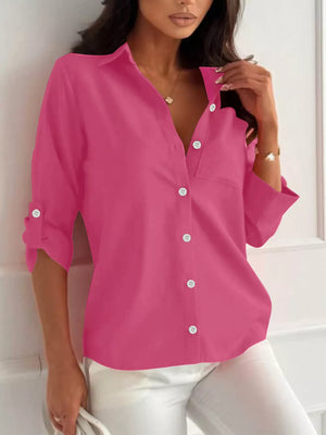 Purple button-down shirt with hip-length and button-front