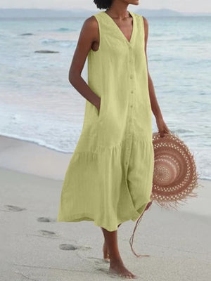 midi dress in White with v-neck and sleeveless
