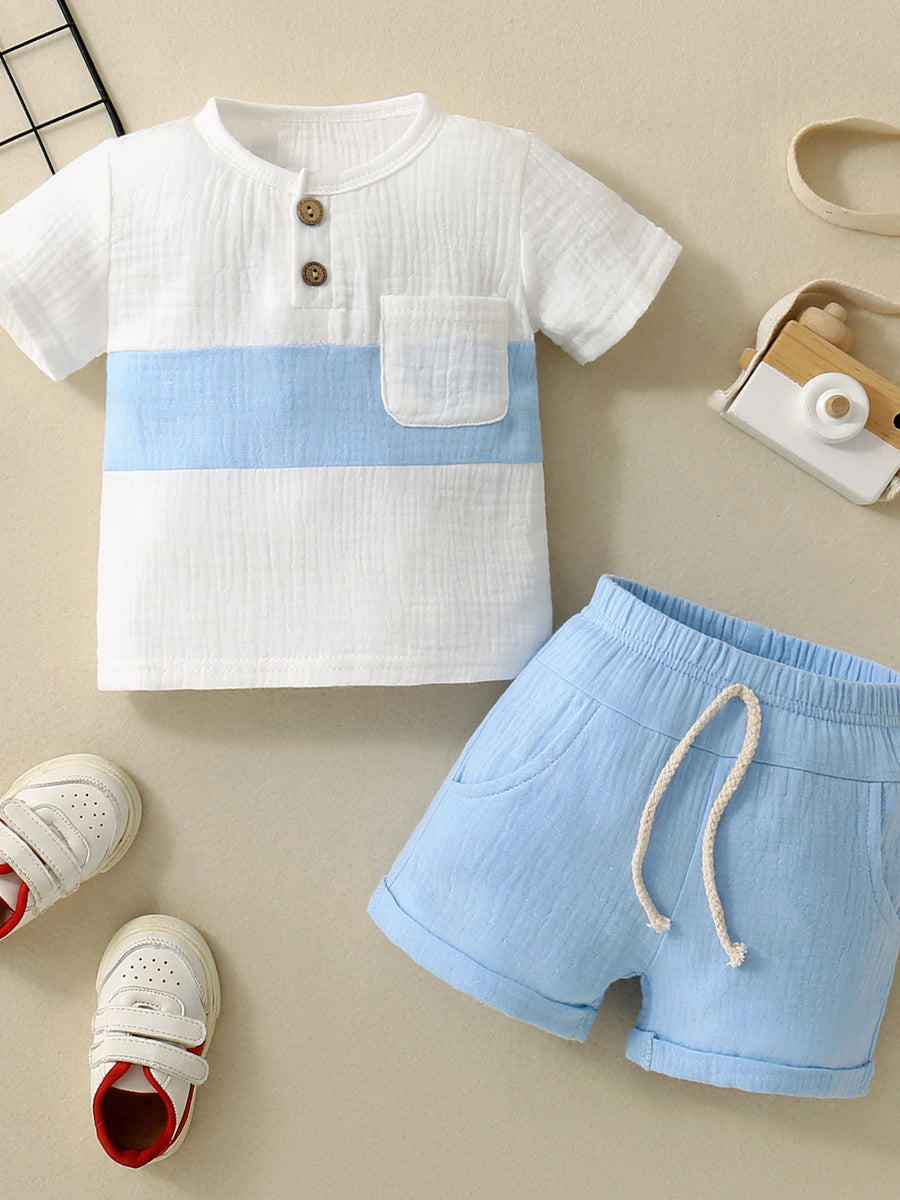 Childrens blue and white color-block cotton shorts set with pocketed top and drawstring shorts