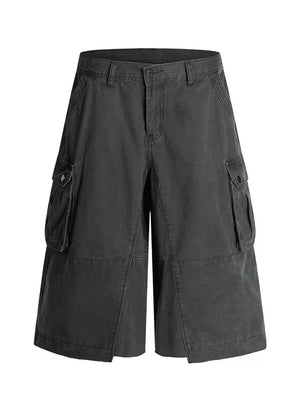 Men's grey cargo shorts with multiple pockets and a relaxed fit.