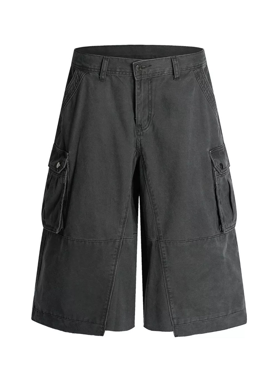 Men's grey cargo shorts with multiple pockets and a relaxed fit.