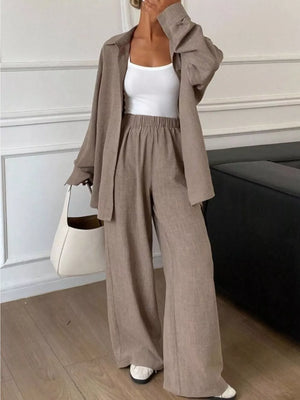 Khaki relaxed two-piece set with collared