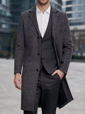 Black overcoat with lapel collar and long sleeve