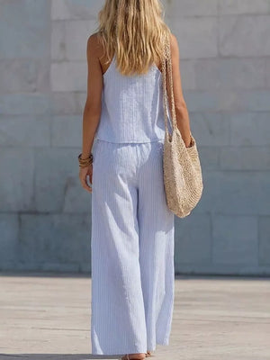 Sky blue striped two-piece set with wide-leg pants and cami top.