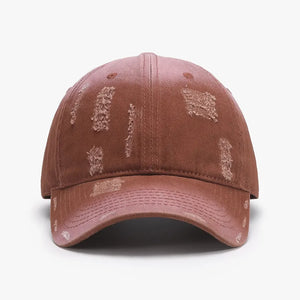 Distressed cotton baseball cap in caramel with ripped details.