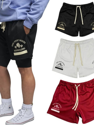 Mesh sport shorts with drawstring detail in black, white, and deep red.