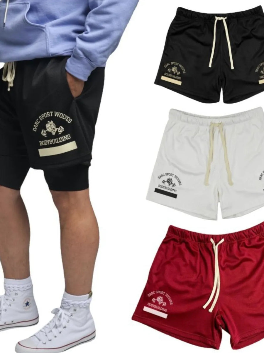 Mesh sport shorts with drawstring detail in black, white, and deep red.