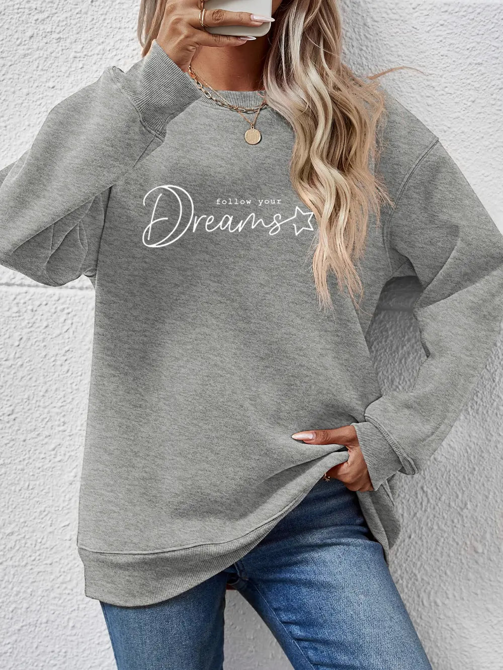 Dreams Scripted Oversized Sweatshirt in Charcoal with crewneck and long sleeves.