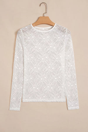 White with Long Sleeve Sheer Mesh Lace Top in White