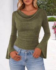 Ribbed Bell Sleeve T-shirt in Moss, view 12