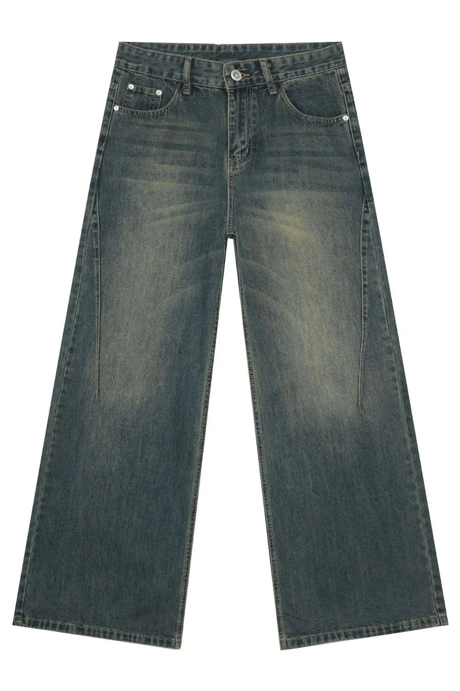 Dark wash wide-leg denim jeans with a faded, distressed look.