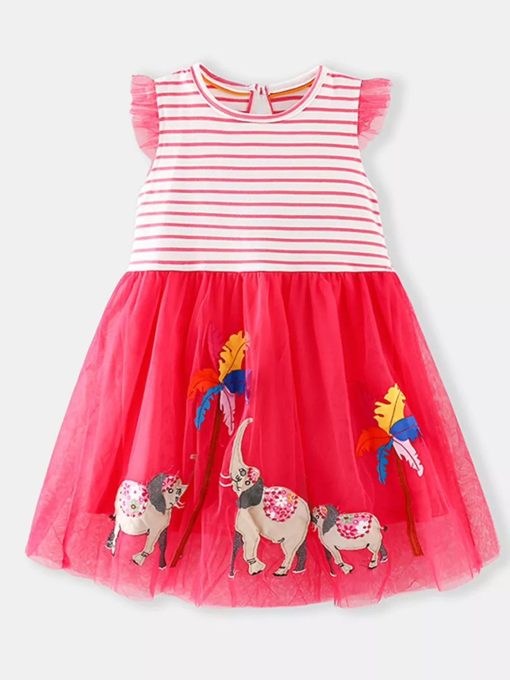 Toddler embroidered elephant tulle dress with pink stripes and flutter sleeves.