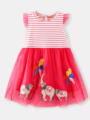 Toddler embroidered elephant tulle dress with pink stripes and flutter sleeves.