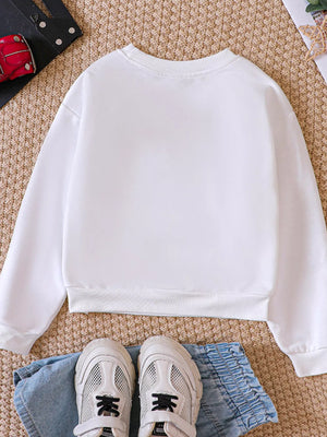 White crew neck sweatshirt with ribbed cuffs and hem.
