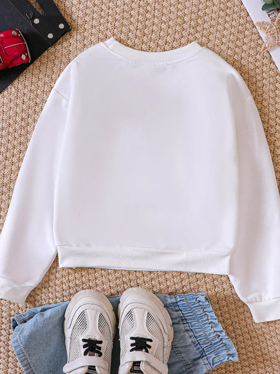 White crew neck sweatshirt with ribbed cuffs and hem.