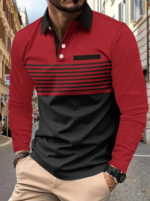 Long sleeve polo shirt in Deep Red and Black with horizontal stripe detail and chest pocket.