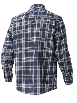 Men's navy blue plaid button-up shirt with long sleeves.