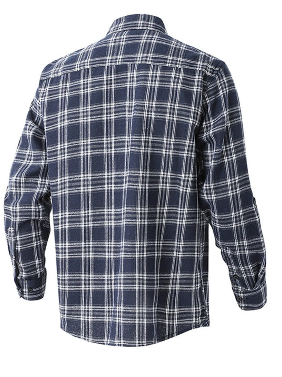Men's navy blue plaid button-up shirt with long sleeves.
