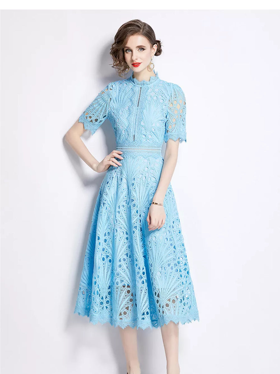 Elegant lace midi dress in Lake Blue with delicate sleeves and a-line cut.