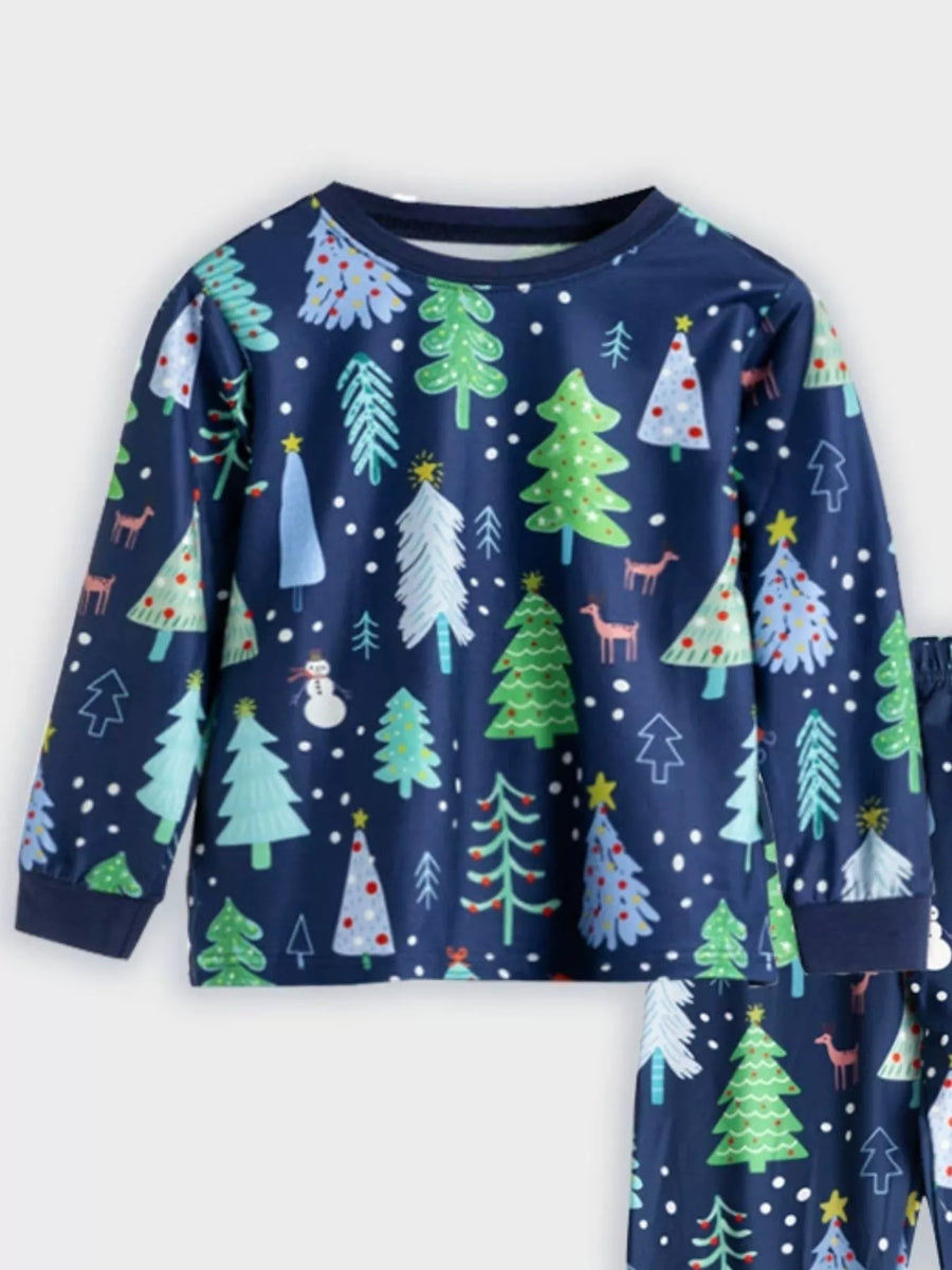 Dark Navy Christmas Tree Print Pajama Set with long sleeves and snowman detail.
