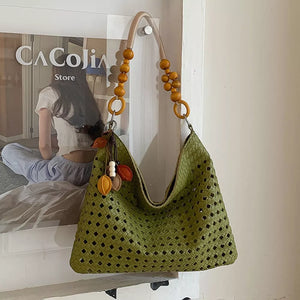 Green with Cutout Shoulder Bag With Beaded Handle in Green
