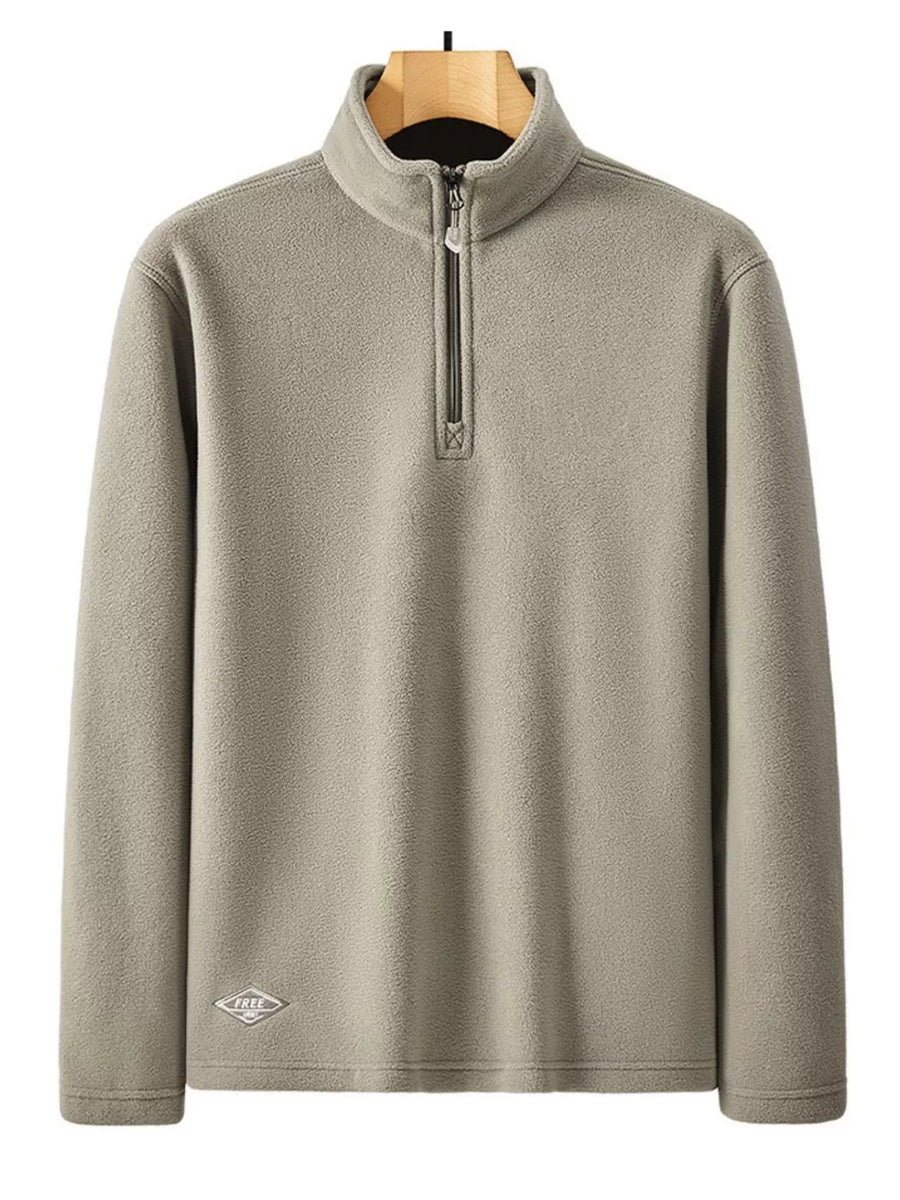 Men's gray fleece quarter zip sweatshirt with a small diamond logo detail.