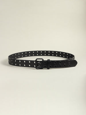 Black vegan leather belt with double row of grommets and silver buckle