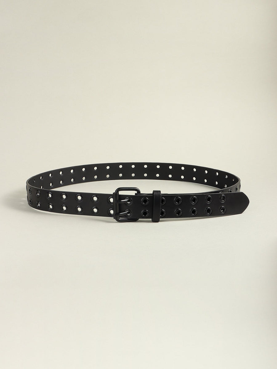 Black vegan leather belt with double row of grommets and silver buckle