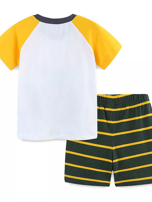 Baby cotton pajama set with white raglan tee and dark green striped shorts.