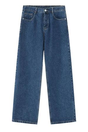 Wide-leg denim trousers in light blue with an elastic waist and classic five-pocket styling.