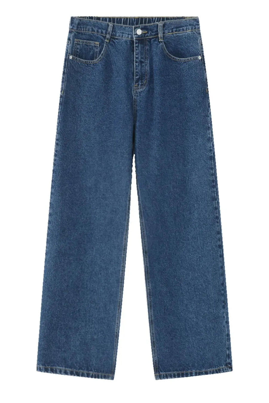 Wide-leg denim trousers in light blue with an elastic waist and classic five-pocket styling.