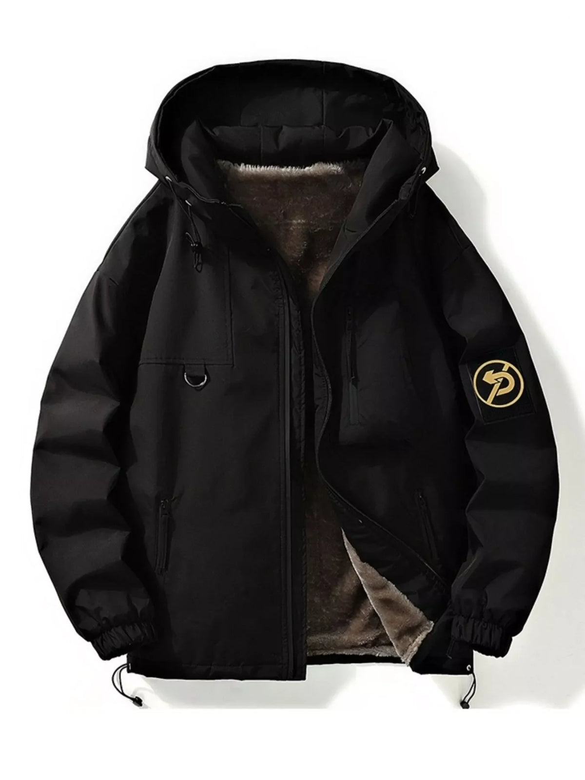 Black plush lined hooded utility jacket with drawstring and patch detail