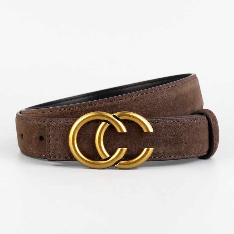 Brown cowhide leather belt with double C gold buckle
