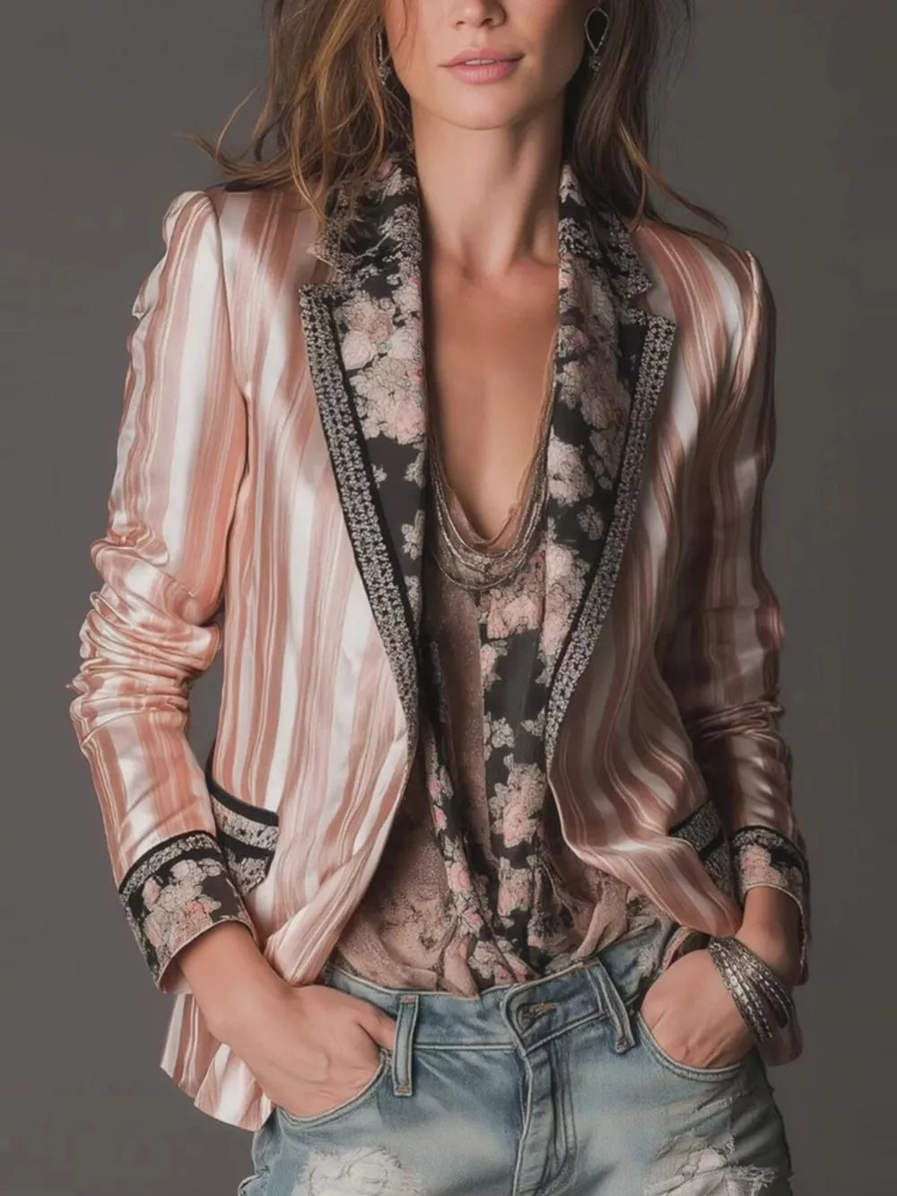blush pink blazer with striped, floral and notch lapel