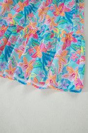 Tropical floral print v-neck tiered dress with scalloped trim detail