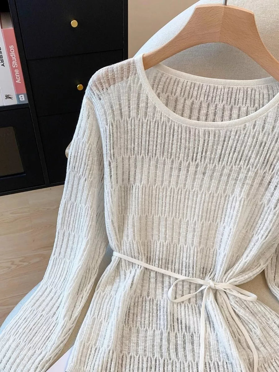 Long Sleeve Knit Top With Tie Detail in Light Blue