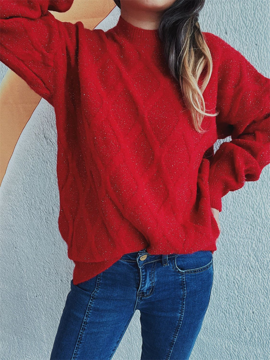 Sparkle knit relaxed fit sweater in deep red with a mock neck and long sleeves.
