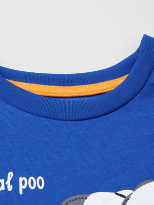 Blue crewneck t-shirt with orange trim and graphic text.