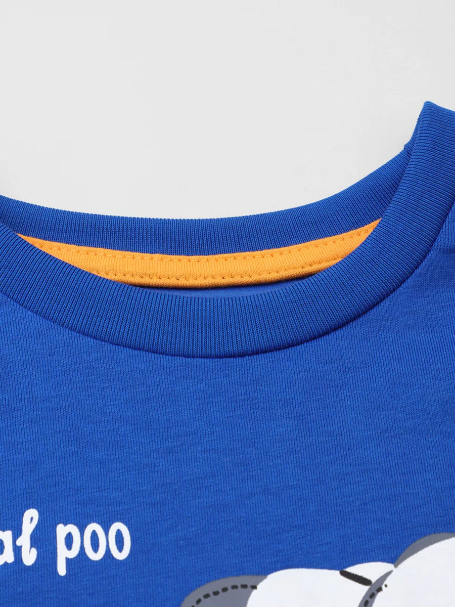 Blue crewneck t-shirt with orange trim and graphic text.