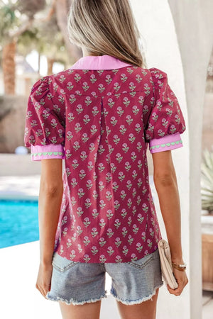 Burgundy floral print cotton maternity shirt with puff sleeves and contrast collar.
