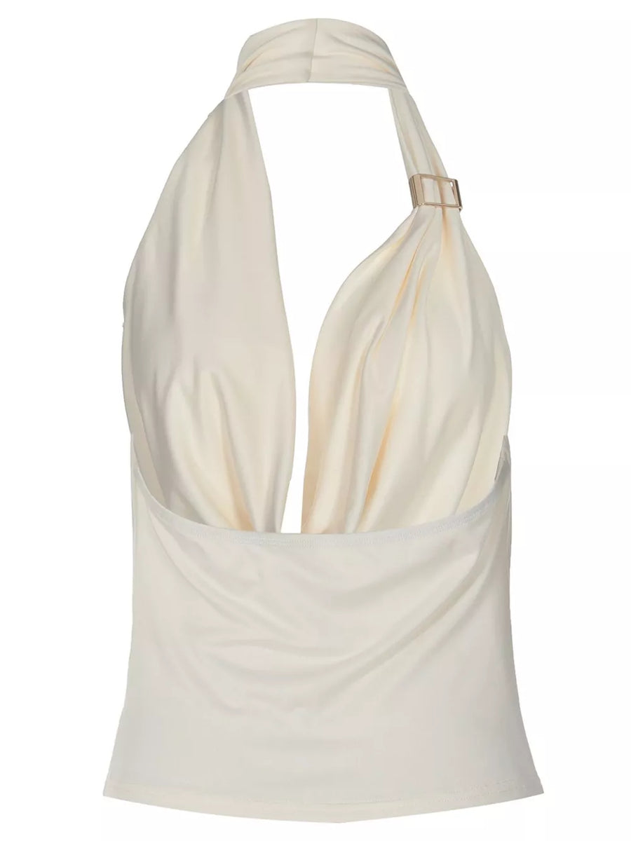 Apricot cowl neck ruched tank top with gold detail