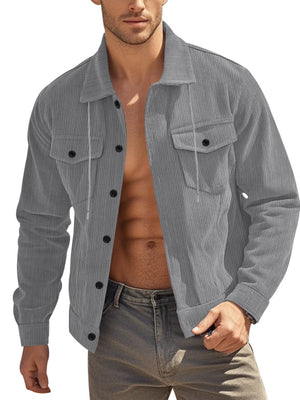 Gray corduroy shirt jacket with button front, chest pockets and long sleeves