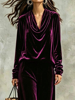 Velvet Cowl Neck Top And Pants Set Plus Size in Black with plus-size
