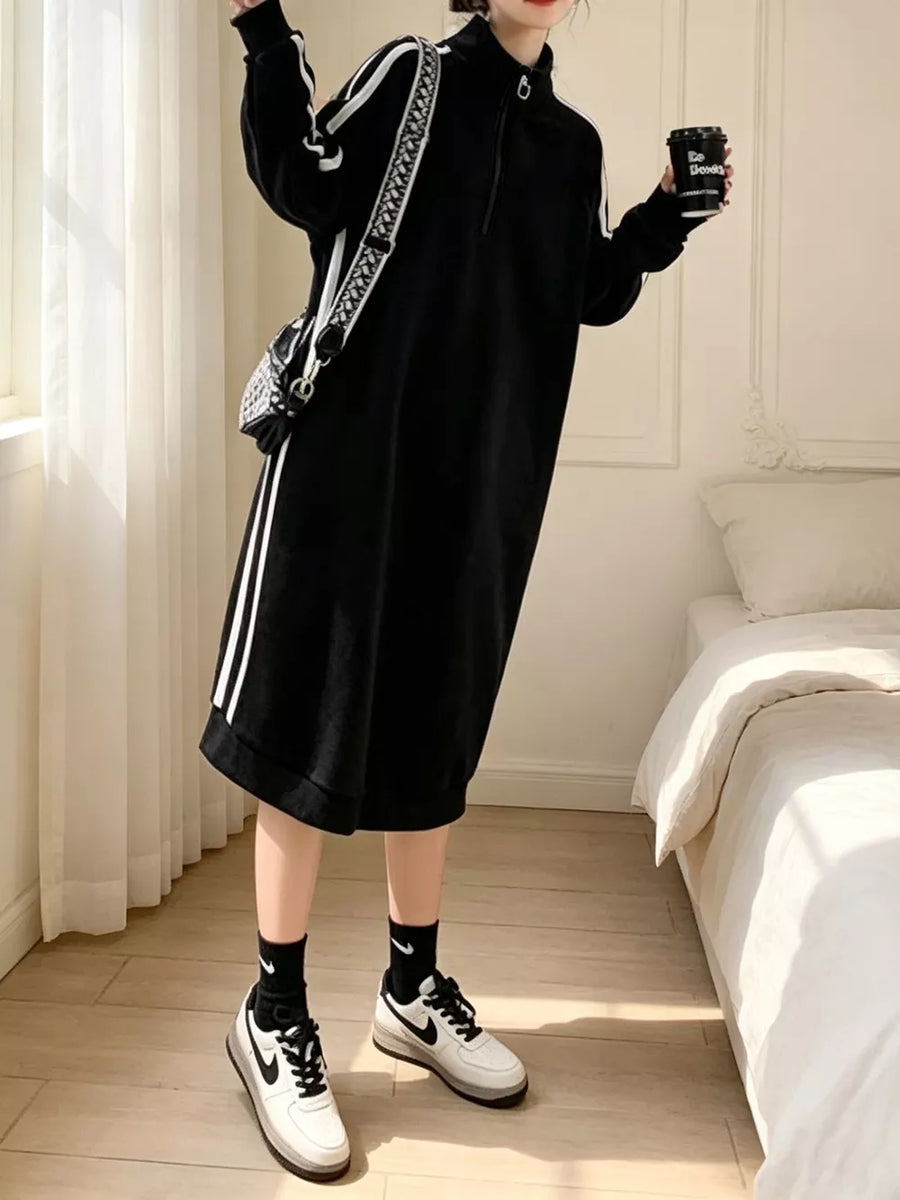 Black with Casual Quarter-zip Mock Neck Midi Dress