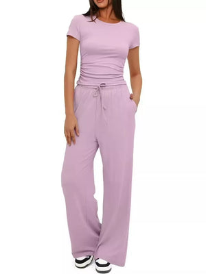 Ruched Short-sleeve Pants in Khaki Color