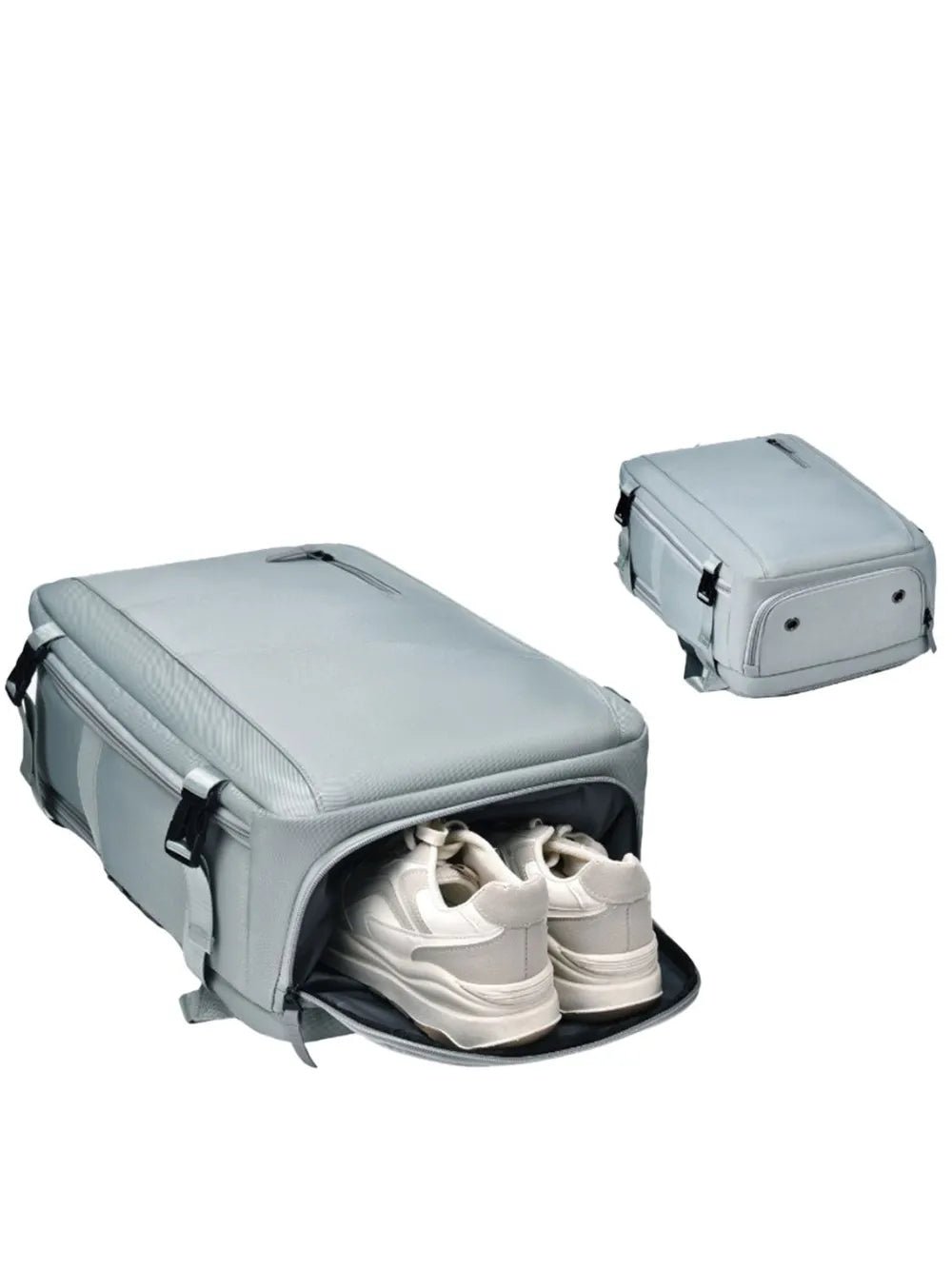Grey structured backpack with shoe compartment showing two white sneakers inside.