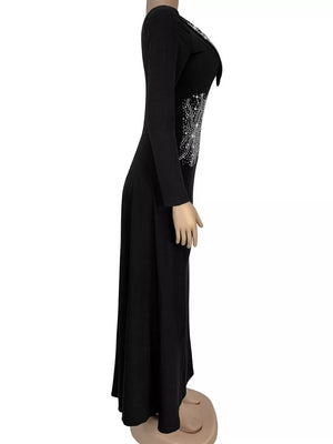 black fitted maxi dress with one-shoulder